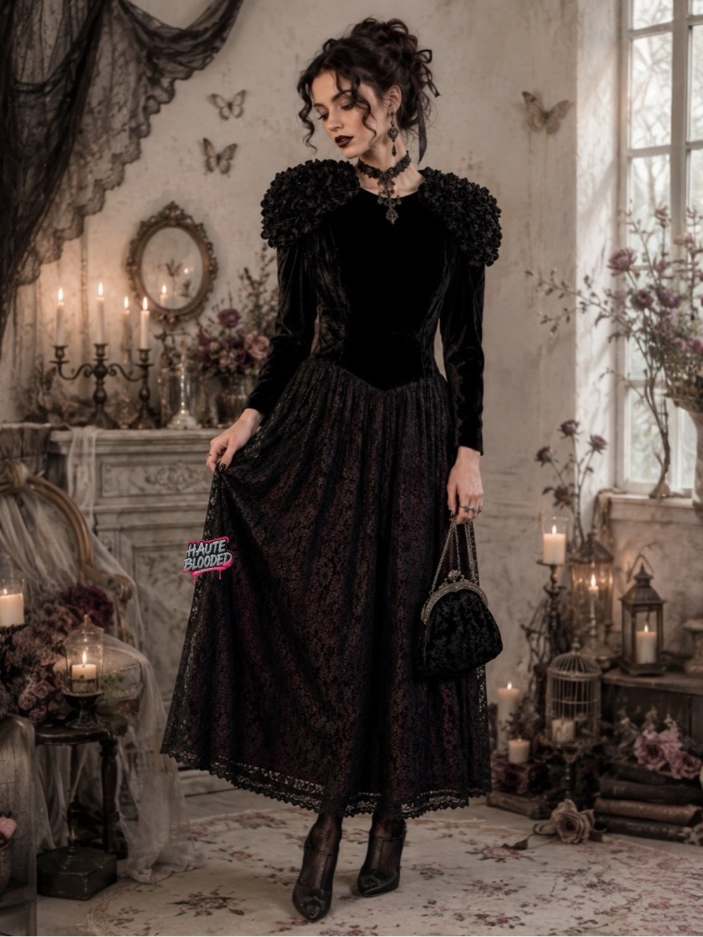 Vintage 90’s Jessica McClintock Dress Black Crushed Velvet Lace Wedding Gothic